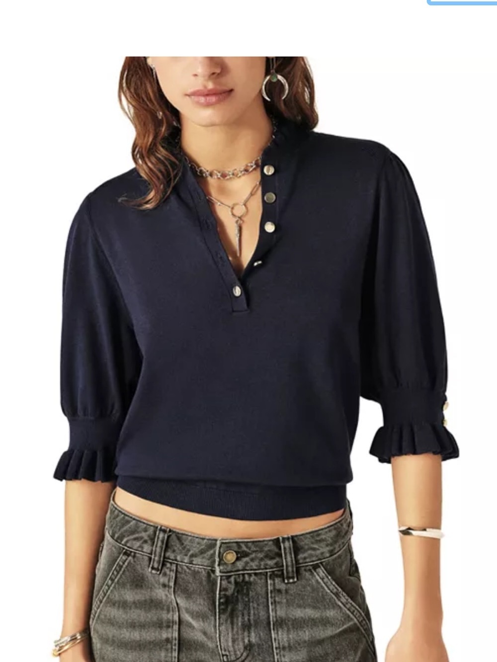 ba&sh SERA Navy Button-Placket Ruffle Sleeve Sweater